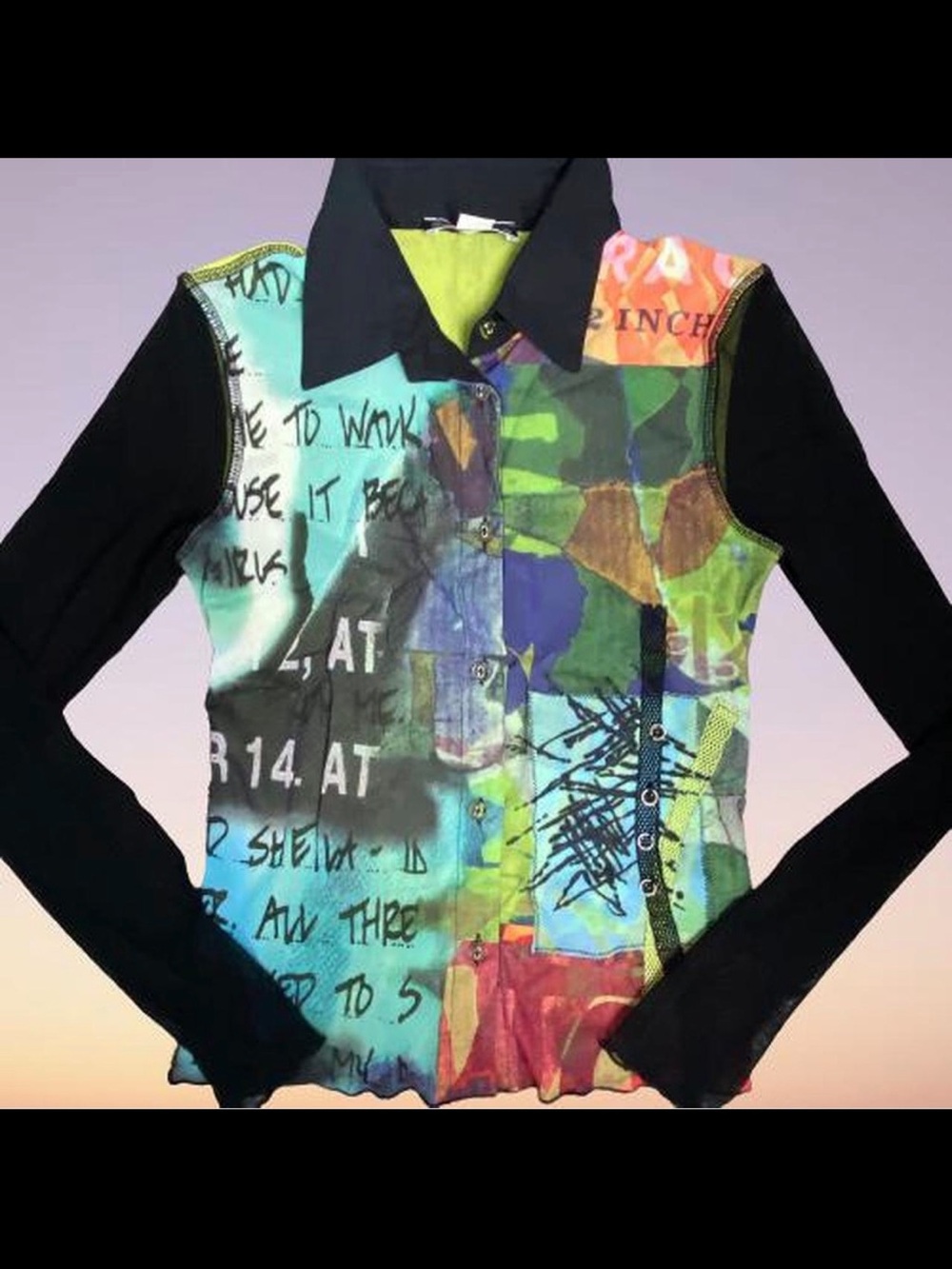 Vintage Mesh Button Up Blouse w Print Womens Size Small Y2K